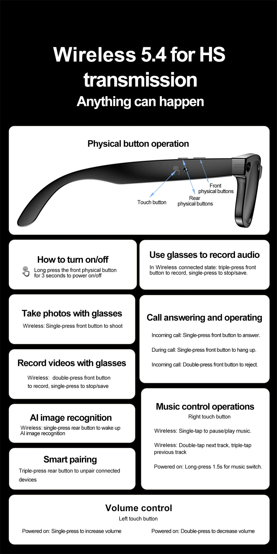 AI Smart Glasses – Bluetooth Camera Glasses with Voice Call, Music & Video Recording