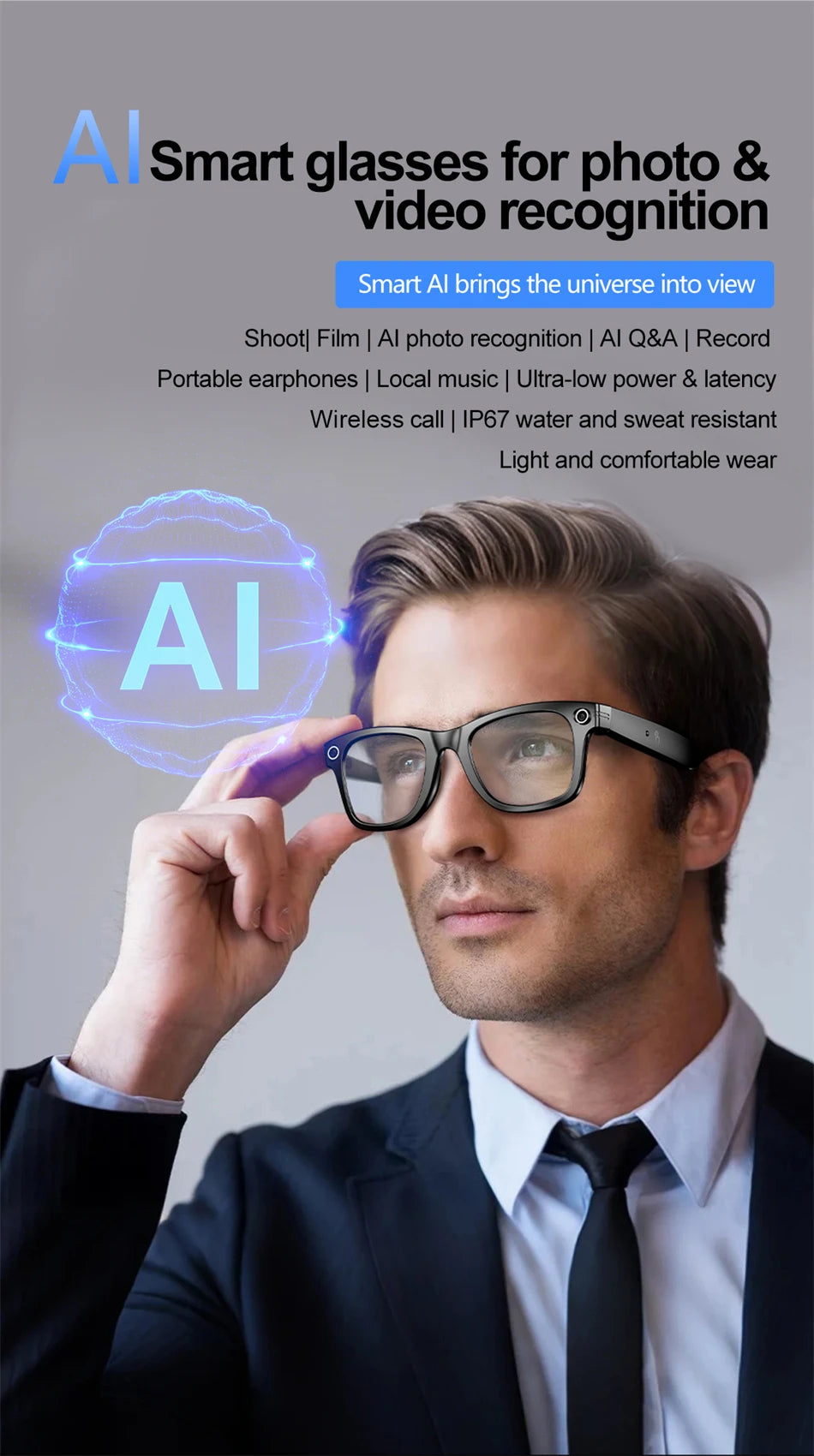AI Smart Glasses – Bluetooth Camera Glasses with Voice Call, Music & Video Recording