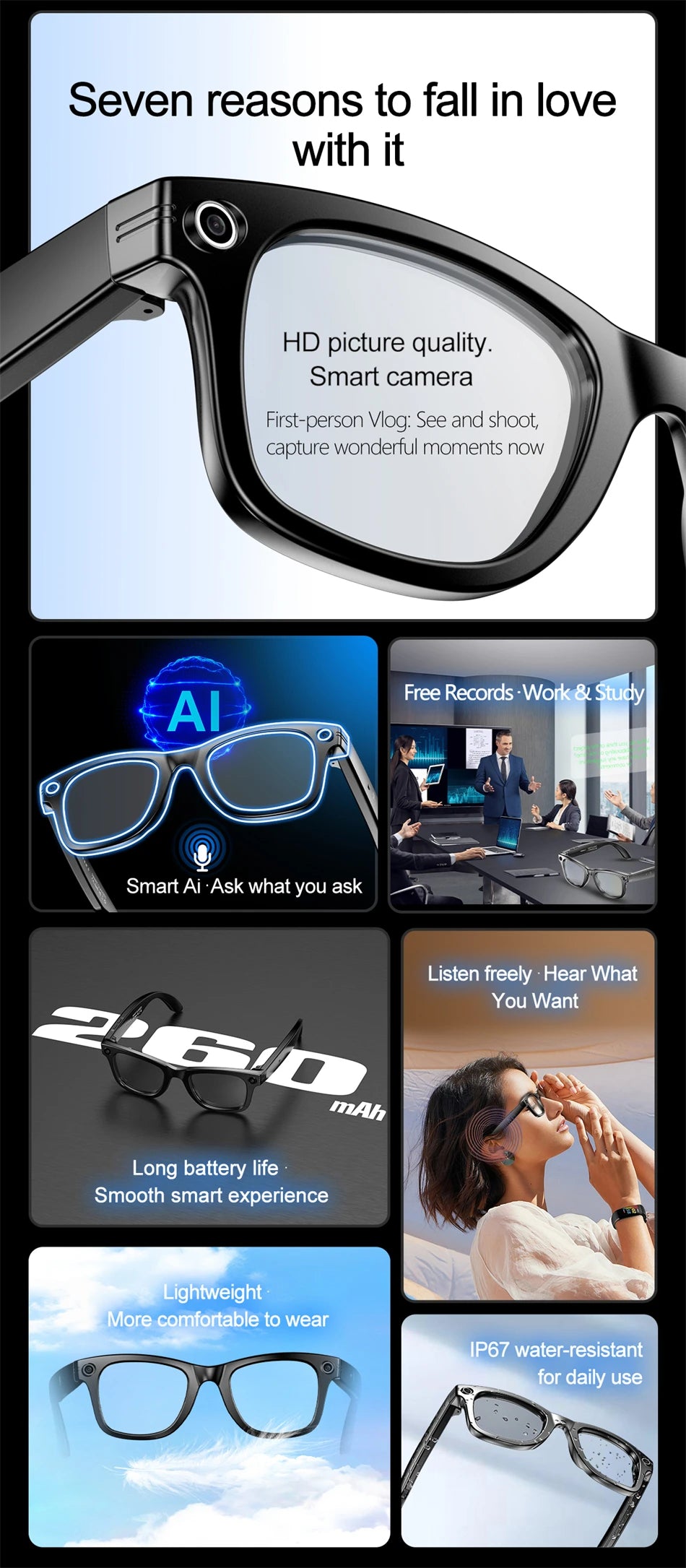 AI Smart Glasses – Bluetooth Camera Glasses with Voice Call, Music & Video Recording