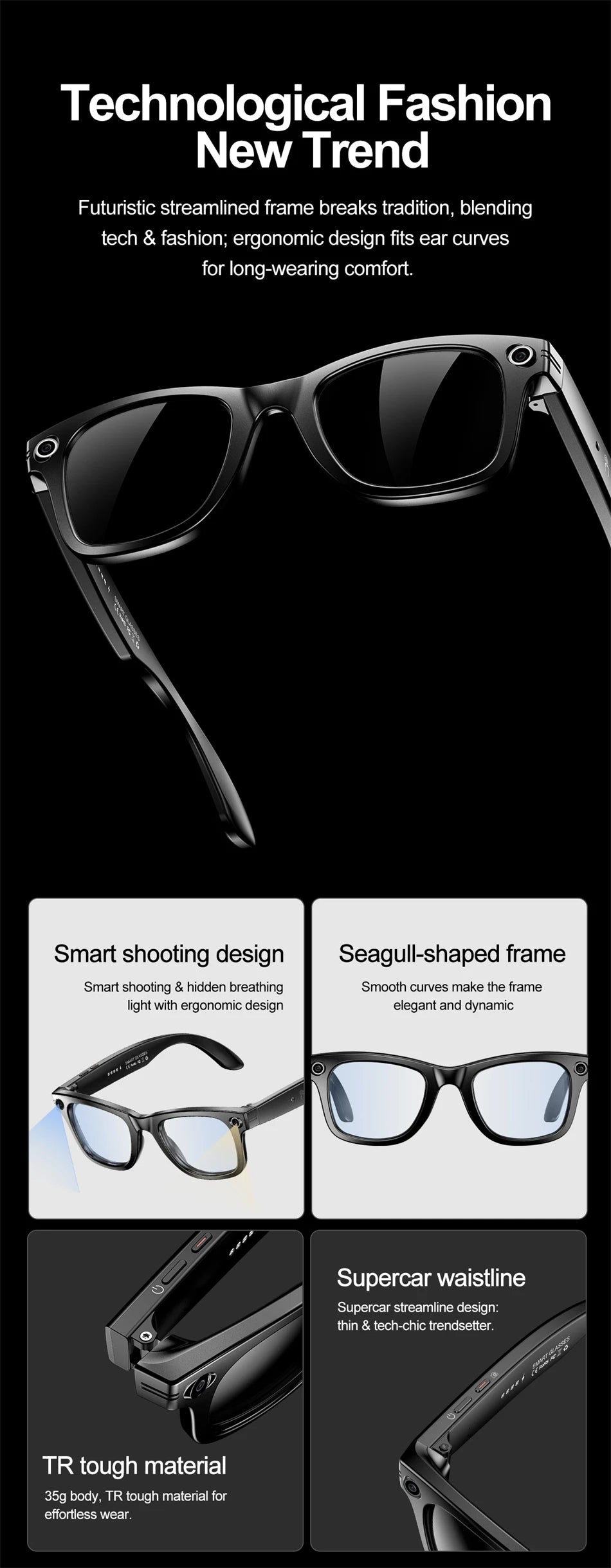 AI Smart Glasses – Bluetooth Camera Glasses with Voice Call, Music & Video Recording
