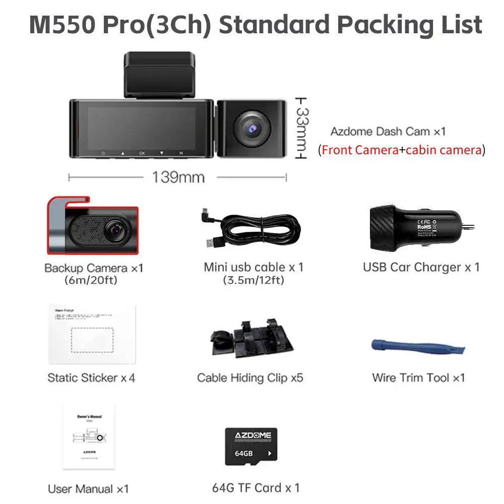 AZDOME M550 Pro 3-Channel Dash Cam – 4K Front + 2.5K Inside + 1080P Rear | GPS, WiFi, Night Vision