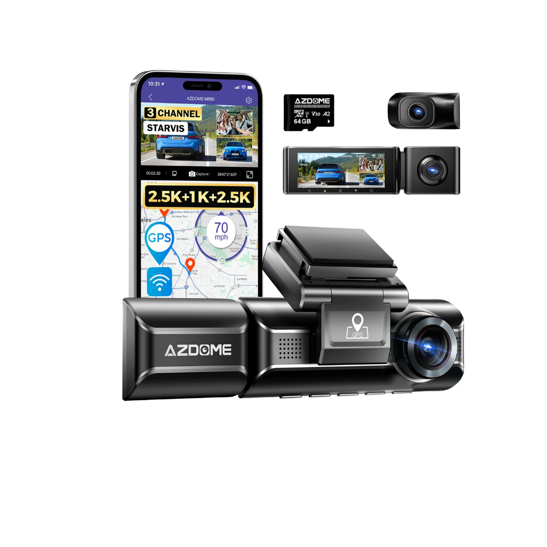 AZDOME M550 Pro 3-Channel Dash Cam – 4K Front + 2.5K Inside + 1080P Rear | GPS, WiFi, Night Vision