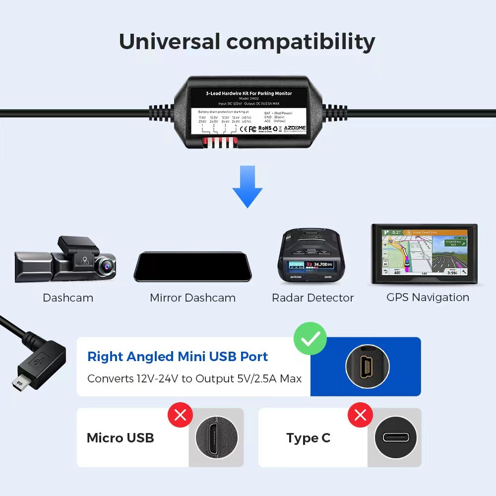 AZDOME Dash Cam Hardwire Kit – 24H Parking Monitoring Line (JYX02 / JYX04 / JYX05 Compatible Models)